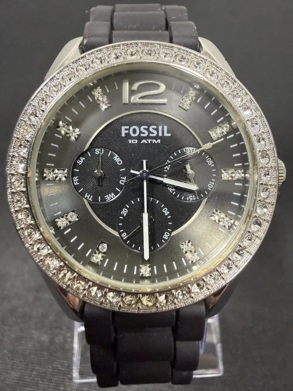 Fossil Women's ES-2345 Wristwatch New Battery! Runs excellent! Black Dial & Band